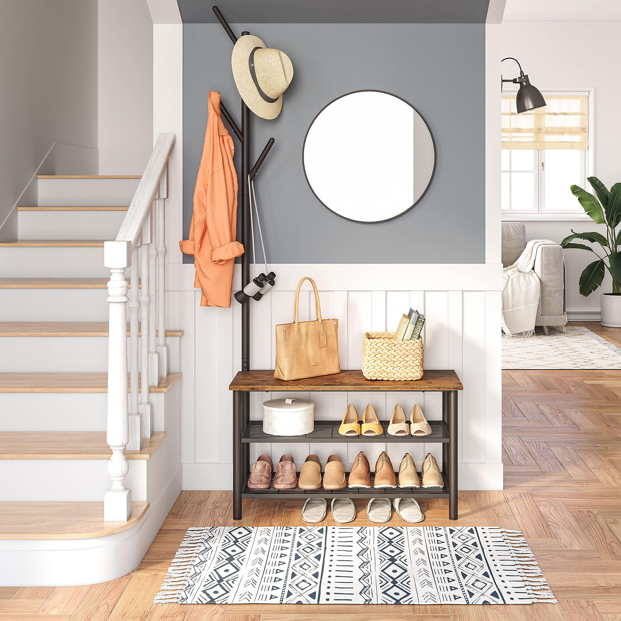 HOOBRO Coat Rack Shoe Bench, Shoe Rack and Coat Stand, 2 in 1